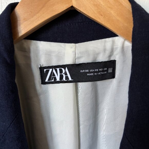 Zara Oversized Linen Roll Up Sleeve Open Front Navy Blue Blazer Womens XS Preppy - Picture 3 of 11